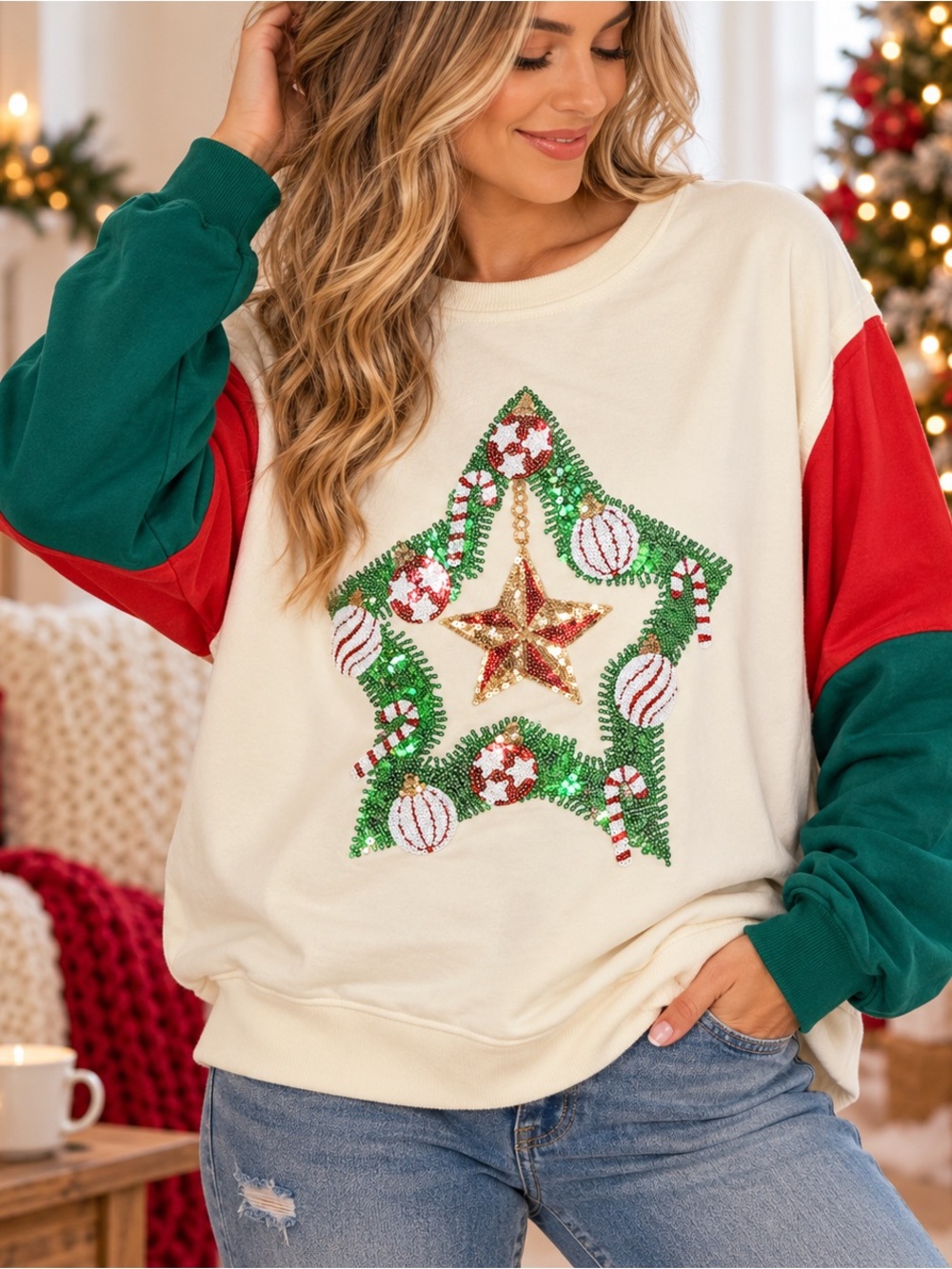 Christmas Sequin Star Wreath Color Block Sweatshirt Cream Red Green L